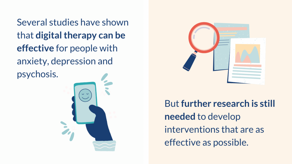 Several studies have shown that digital therapy can be effective for people with anxiety, depression and psychosis. But further research is still needed to develop interventions that are as effective as possible.