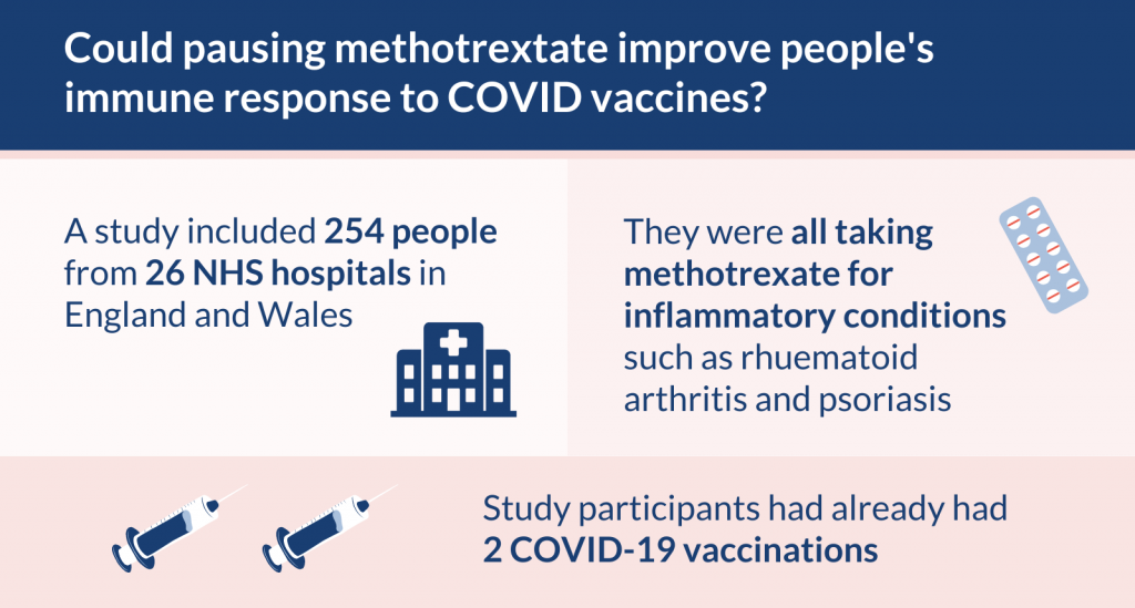 Could pausing methotrextate improve people's immune response to COVID vaccines?

A study included 254 people from 26 NHS hospitals in England and Wales.

They were all taking methotrexate for inflammatory conditions such as rhuematoid arthritis and psoriasis.

Study participants had already had 2 COVID-19 vaccinations.