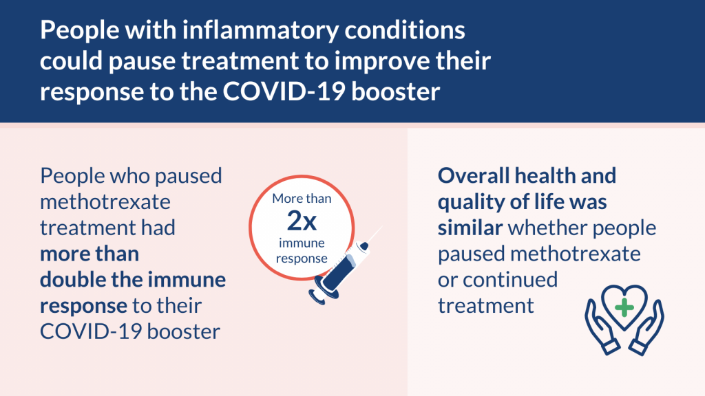 People with inflammatory conditions could pause methotrexate treatment to improve their response to the COVID-19 booster.

People who paused methotrexate treatment had more than double the immune response to their COVID-19 booster.

Overall health and quality of life was similar whether people paused methotrexate or continued treatment.