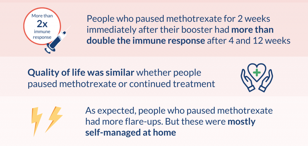 People who paused methotrexate for 2 weeks immediately after their booster had more than double the immune response after 4 and 12 weeks.

Quality of life was similar whether people paused methotrexate or continued treatment.

As expected, people who paused methotrexate had more flare-ups. But these were mostly self-managed at home.